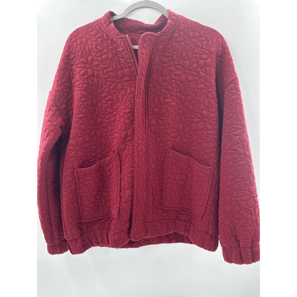 Burgundy Floral Quilted Zip Up Bomber Jacket Red Textured Matelasse Medium